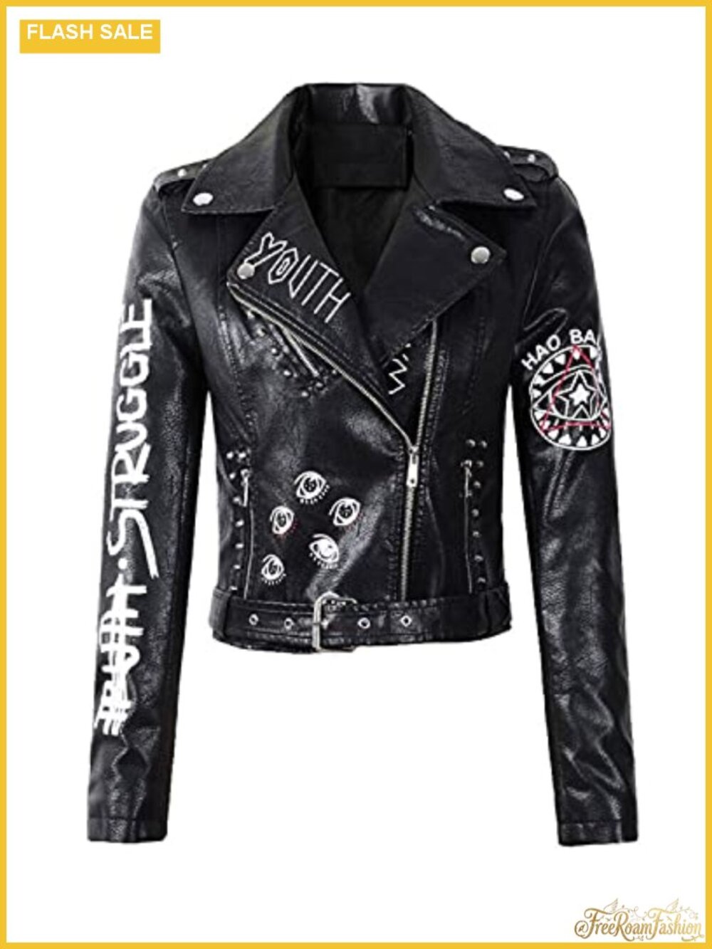 Faux Leather Punk Biker Motorcycle Jacket with Belt - 3D Printed Short Slim Zip